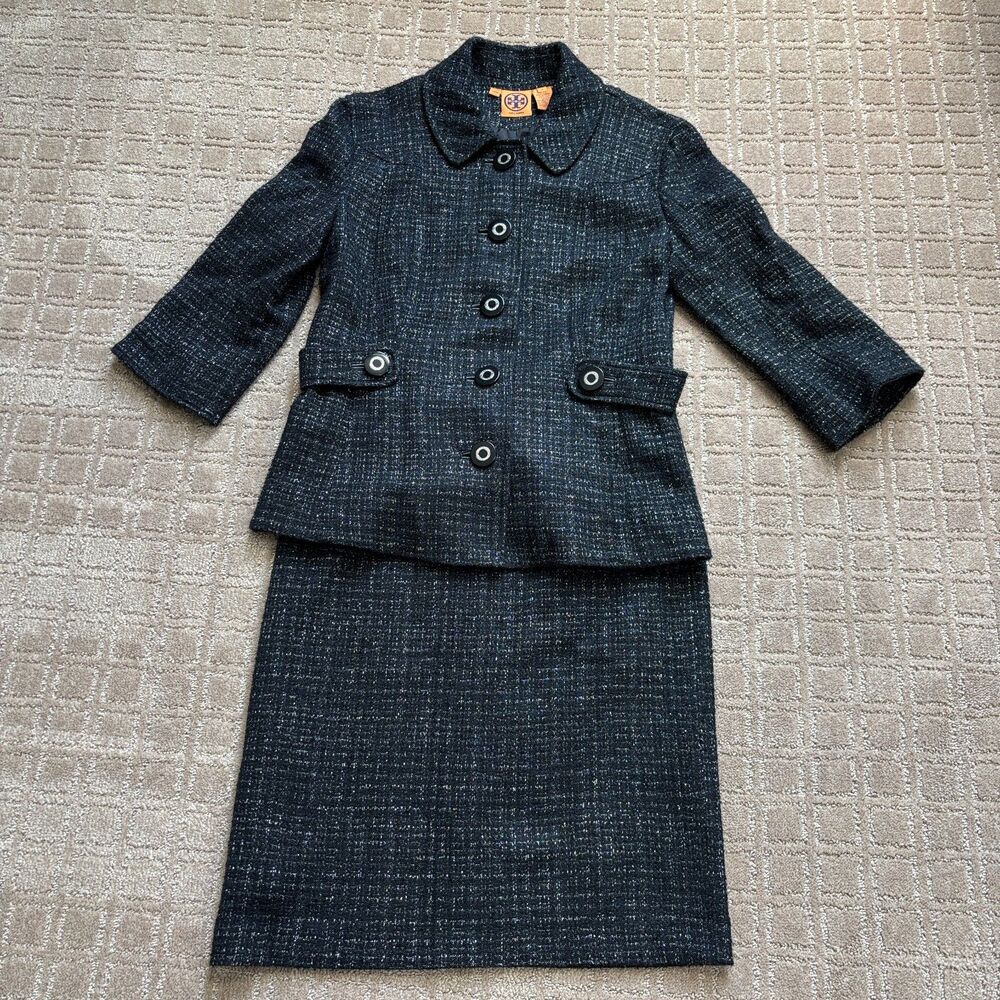 Tory Burch Tweed Jacket Skirt Suit Set Women's 8 Black Preppy Old Money Wool